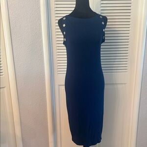 Guess Navy Midi Sheath Dress with Silver Button Trim